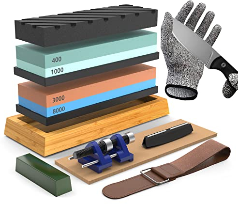 IMAYCC Knife Sharpening Stone Set - 400/1000 and 3000/8000 Grit Whetstone Knife Sharpener Set with Non-Slip Rubber, Angle Guide, Flattening Stone, Leather Strop and Cut Resistant Gloves