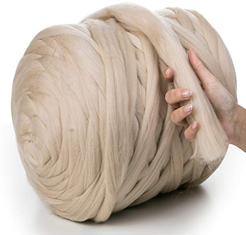 MeriWoolArt® 100% XXL Merino Wolle Garn 4-5 cm Dicke Wolle Garn, Filzwolle Trockenfilzen Nassfilzen, DIY Klobiges Wolle Garn Decke, Decke Baby Wolle, Arm Stricken Decke Garn Hellbeige, 100g