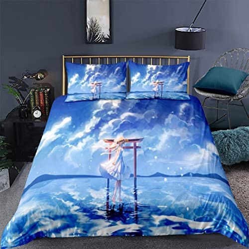 RFFLUX 3D Himmel Anime Mädchen Bettwäsche Set 135x200 cm 2teilig mit Reißverschluss Weiche und Angenehme Schlafkomfort Microfaser Bettbezug Kinderbettwäsche mit Kissenbezug 80x80 cm