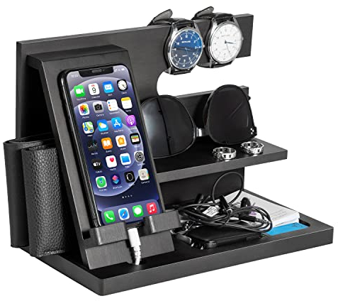 Birthday Gifts for Men, Wood Phone Docking Station, Bedside Table Organiser, Gifts for Dad, Mens Gifts for Husband Dad Gifts for Him Anniversary Xmas Presents for Men Nightstand Key Wallet Stand