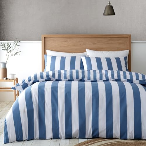 Catherine Lansfield Cove Stripe Wende-Bettwäsche-Set für Doppelbett mit Kissenbezügen, Blau