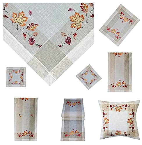 Tischdecke Mitteldecke Tischläufer Deckchen Kissenhülle Herbst 15% Leinen beige Bestickt mit Ahorn und Buchen Blättern ín herbstlichen Farben (35 x 35 cm)