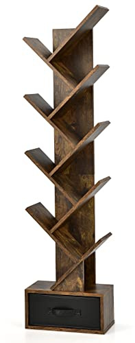 CASART 10-Tier Tree Bookshelf, Slim Tall Floor Standing Bookcase with Drawer & Wall Anchor, Wooden Display Shelving Storage Rack for Living Room Bedroom Office (Rustic Brown)