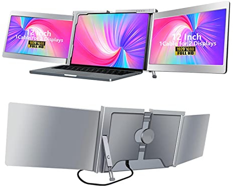 Zunate 12 Triple Portable, FHD 1080P IPS Laptop Dual Screen Extender mit Einziehbarem Ständer für 13-16 Zoll Laptops Plug Play Tri Screen, Typ C, USB A Port, für Linux, Win, OS