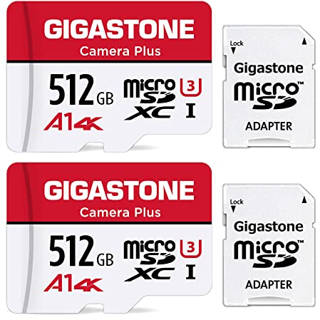 Gigastone 512GB Micro SD Card 2-Pack, Camera Plus, GoPro, Action Camera, A1 Run App for Smartphone, Nintendo-Switch Compatible, 100MB/s, 4K Video Recording, Micro SDXC UHS-I A1 U3 Class 10