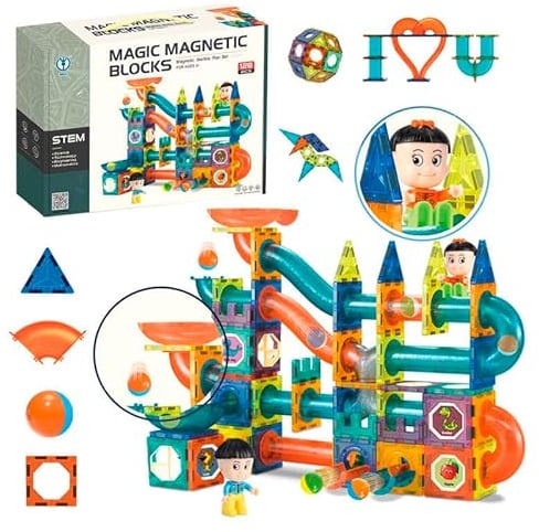 CELMAN Magnetische Bausteine 128 Teile Magnete Bauklötze Murmelbahn mit Zubehör, Montessori Spielzeug, Magnet Kugelbahn für Kinder ab 3 4 5 6 7 8 Jahre STEM Lernspielzeug Geschenk