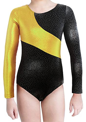 XiaoMoSha Gymnastikanzüge für Mädchen Langarm/Ärmellos Tanzanzug Funkelnde Ballett Tanzkleidung,Gold,11-12 Jahre