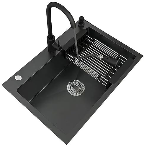 AVIITI Fregadero De Cocina Negro De Acero Inoxidable, Fregadero Bajo Encimera De Una Cuba, Con Grifo Extraíble Y Kit De Rebosadero,Negro,50x40cm