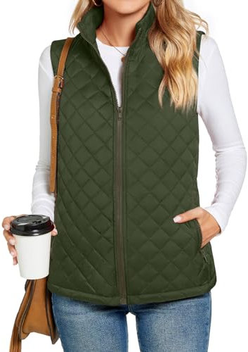 TAOHUADAO Women's Zippered Quilted Gilet With Pockets Lightweight Coat With Stand-up Collar For Ladies Army Green M