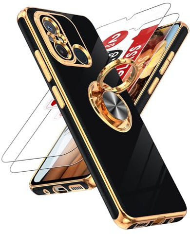 LeYi Coque pour Xiaomi Redmi 12C/11A/Xiaomi Poco C55 avec 2 Verre Trempé Vitre Protection et Anneau Telephone Rotatif à 360°, Mince en TPU Souple Etui Antichoc Housse - Noir
