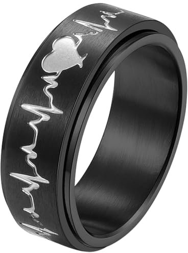 Mabohity Ring Herren Damen Ehering: Schwarz drehbar EKG-Ring Edelstahl Ring 8mm Breit Verlobungsring Freundschaftsring Partnerring Paar Ringe Größe 59 (18.8)