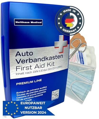 HierBeiDir Botiquín de Primeros Auxilios para vehículos Premium según la Norma Actual 2024/2025 DIN 13164:2022 (Conforme a StVO) Bolsa de Primeros Auxilios para Toda Europa Fabricado EN Alemania