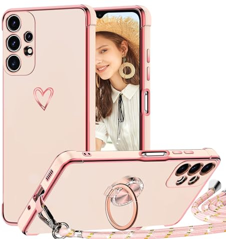 TVVTPU Coque pour Samsung Galaxy A13 4G avec Cordon et 360 Degrés Anneau Support, Étui Housse Antichoc Souple Silicone TPU Bumper Portable Protection Case avec Amovible Collier, Rose