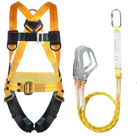 Fallschutz Auffanggurt, 5 Punkt Vollkörper Auffanggeschirr zur Absturzsicherung mit Auffanggerät, Fallschutz Sicherheitsgurt Klettergurt mit 2M Lanyard für Outdoor Baumklettern Bergsteigen-EN361 EN358