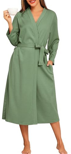 Lovasy Waffle Dressing Gowns for Women UK Cotton Lightweight Spa & Bath Robes for Women Ladies Kimono Dressing Gowns Women's Full-Length Robes with Pockets for Hotel Nursing Pregnancy,Green,M