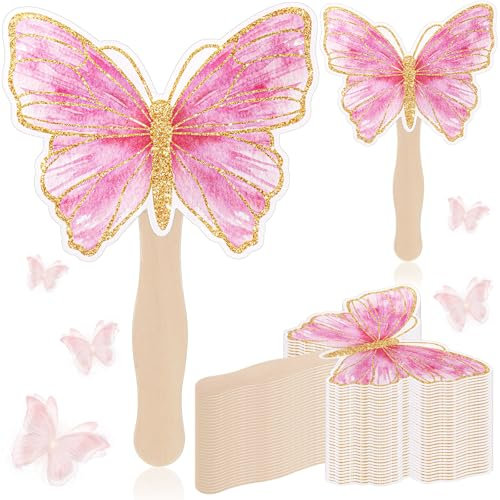 Beeveer 36 Pcs Butterfly Handheld Fans Bulk Butterfly Party Favors for Baby Shower Pink Paper Handheld Fans with Wooden Handle for Girl Birthday Gifts Goodie Bag Filler Fairy Party Favors