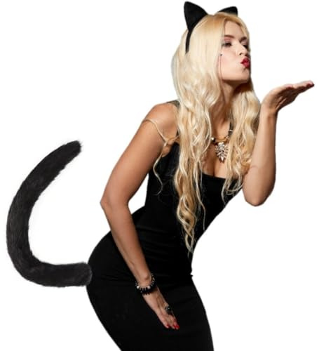 Hatstar Cat Woman Set, Katzenohren Haarreif und Katzenschwanz, Katzen Kostüm für Damen & Frauen, Accessoire zu Karneval, Fasching und Halloween