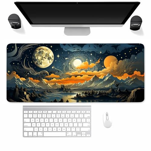 Gaming Mauspad XXL Mondlandschaft Mousepad 900x300x3mm Verlängertes groß Mauspad mit vernähten Kanten Waschbares Tischunterlage für Büro, Zuhause, Tastatur