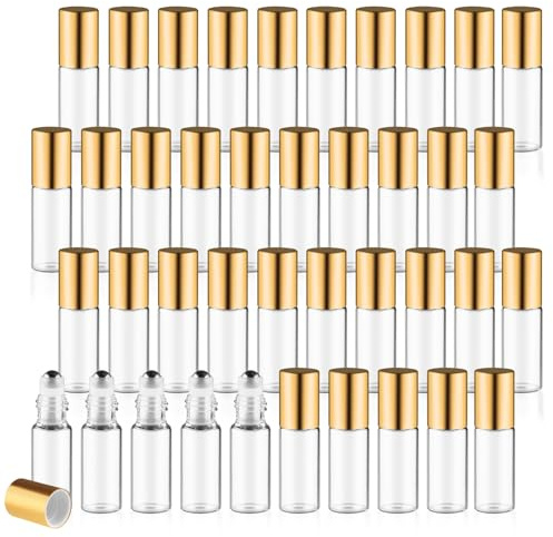 40 Pcs Essential Oils Roller Bottles Small Refillable Glass Perfume Bottles Sample Vials with Roller Balls & Gold Lids for Travel Cosmetic - 5ml