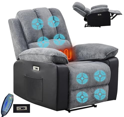 LSLIFE Recliner Armchair with Massage & Heat, 2 + 1 Sofa Electric Recliner Armchair for Elderly Cord Fabric Recliner Chair Set with Adjustable Footrest Backrest USB Port (Grey)
