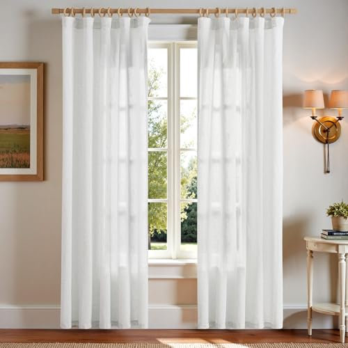 TOPICK Weiß Gardinen mit Kräuselband Leinen Vorhänge für Wohnzimmer Schlafzimmer Stores Halbtransparent Vorhange für Schienensystem Landhausstil Gardinen mit Verdeckten Schlaufen 2er Set 140Bx225H cm