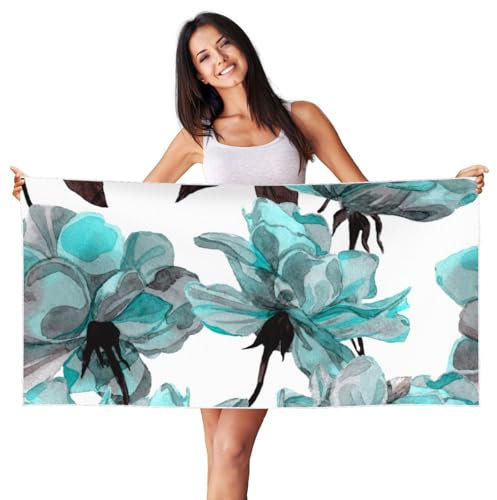HDTVTV Blaue Blume Blumen Petrol Rosen Aquarell, Strandtuch aus Pfirsichhaut-Samt, ultraweiches Badetuch, schnelltrocknende Stranddecke