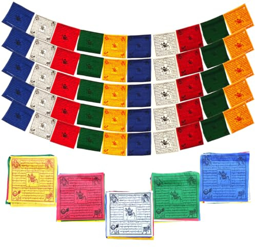 Authentic Tibetan Prayer Flags - 5 Rolls, 50 Flags (8.25x8.25) Total (11 Meters Long) Buddhist Prayer flags - Hand-Printed Cotton, Blessed by a Monk in Nepal - Indoor/Outdoor Decoration, World Peace