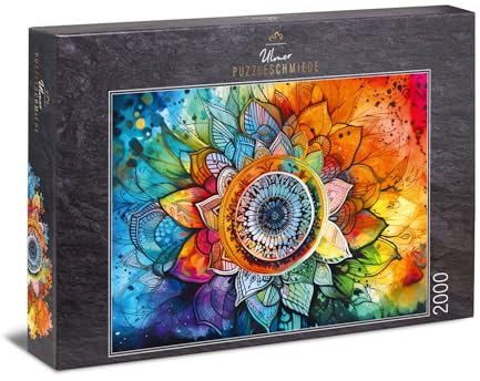 Ulmer Puzzleschmiede - 2000 Teile Puzzle Regenbogen-Mandala - Farbenreiches Muster - vergleichsweise einfaches Mandala-Puzzle durch hohe Formen- und Farb-Vielfalt