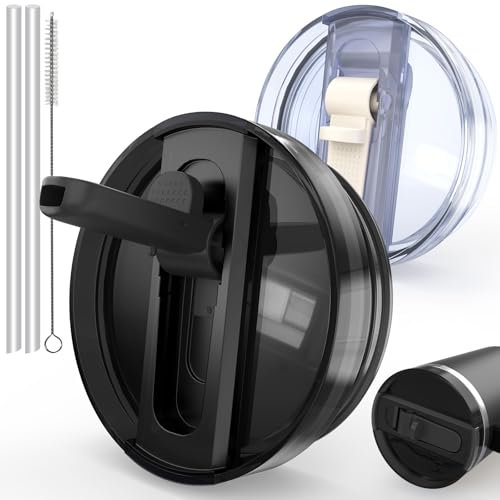 2 PCS Spill Proof Tumbler Flip Straw Lid for Stanley Cup 40oz, Replacement Leak Proof Tumbler Lid Fit for Stanley Quencher, Reusable Tumbler Cover 40oz Stanley Cup Accessories(Black+Cream)