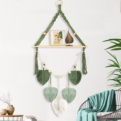 awagas Boho Makramee Holzregal Wandbehang, 100x40 cm Blatt Wandteppich Wandregal Wanddeko Handgewebte Wandregal Schweberegal Holz Makramee Wandbehang Boho Deko für Schlafzimmer Wohnzimme Badezimmer