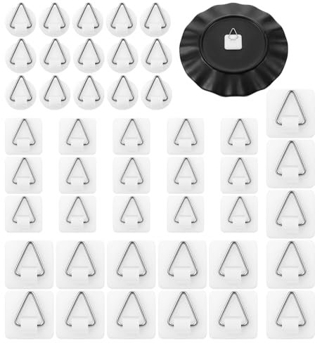 Ptwola 45PCS Wall Plate Hanger Display Holder Invisible Vertical Plate Holder Picture Adhesive Hooks Hanging Sticky Hanger for Home Kitchen Decorative Plastic Plates Photo Frame Wall Art(45)