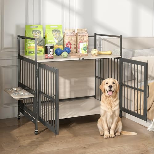 Wooden Dog Crate Furniture with Storage Shelf, Heavy Duty Dog House with 2 Rotatable Bowls and Wheels for Medium Large Dogs