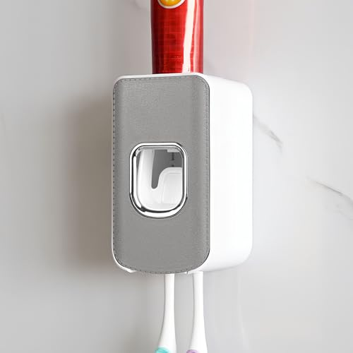 2 Slot Toothbrush Holder and Toothpaste Dispenser Wall Mounted, Automatic Toothpaste Squeezer, 2 in 1 Tooth Brush Toothpaste Organizer for Shower (Grey)
