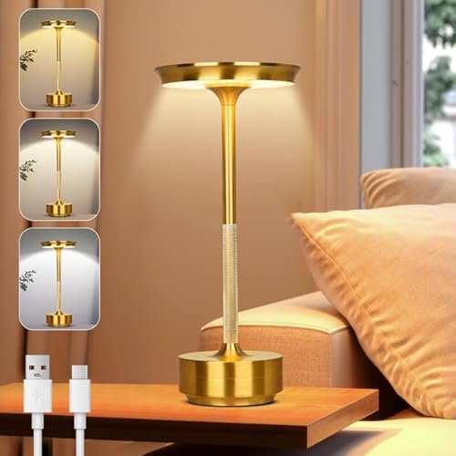Rosnek Tischlampe Kabellose LED, 3 Farbtemperaturen Stufenlos Dimmbare Akku Tischleuchte, Touch Lampe mit USB-C, Gold Stylische Tischlampe Akku für Innen & Außenbereich, Metall Tischleuchte