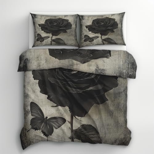 Generisch Bettwäsche 135x200 Schwarz Rosen Design, 2teilig - Gothic Blumen Floral Bettbezug und 1 Kissenbezug 80x80, Wendebettwäsche, Schlafzimmer Deko, Mikrofaser, mit Reißverschluss J&PL131