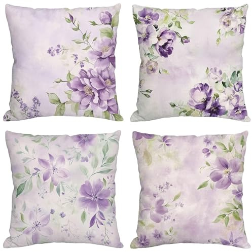 Lilac Cushion Covers 45cm x 45cm Floral Outdoor Cushions Waterproof Velvet Pillow Covers 4 Pack Double Sided Printed Throw Pillow Cases for Outdoor Indoor Decorations Garden Living Room Bedroom s-112