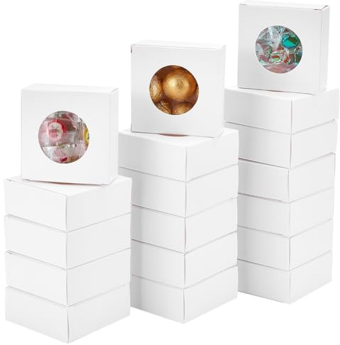 WADORN 30 Packung Quadratische Kraftpapierboxen, 7.5x7.5x3cm Große Mini Leckerli Boxen Aus Kraftpapier Mit Rundem Durchsichtigem Fenster Für Süßigkeiten Seife Kekse Partygeschenke Leckereien, Weiß