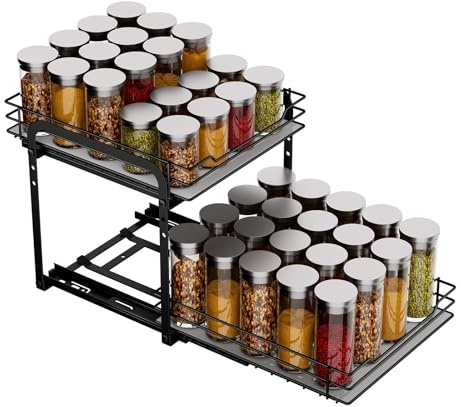 Felenny Portaspezie allungabile, a 2 ripiani, in acciaio inox, organizer per spezie, organizer da cucina, scaffale estraibile per armadio, cucina, piano di lavoro