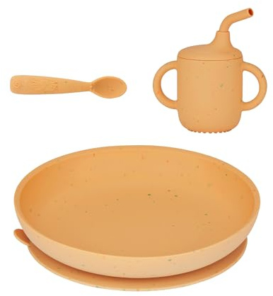 Babymoov Baby Geschirrset Little Arty - ab 9 Monate - 3er Set Silikon, Trinklernbecher, Teller mit Saugnapf, Babylöffel, Spülmaschinenfest
