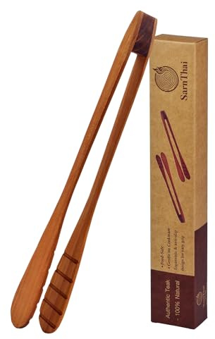 SarnThai Wood Tongs for Cooking, 12 Inch Handcrafted Teak Wood Toaster Tongs for Bread, BBQ, Meat, Salad, Pasta, Kitchen Serving