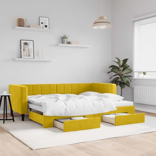 Refined Tagesbett Schlafsofa Bettsofa Gästebett für Schlafzimmer Wohnzimmer Sofa Bett Ausziehbett Ausziehbar mit Schubladen Gelb 80x200 cm Samt