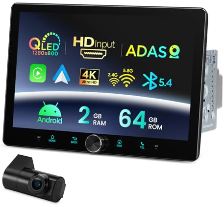 XTRONS 10.1 Inch QLED Double Din Android Car Stereo 2+64GB with ADAS Camera | Fully-laminated Screen 3-way Adjustment Rotary Volume Knob All-in-1 Audio Hub Apple CarPlay Android Auto Bluetooth 5.4