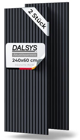 Dalsys 2x Akustikpaneele mit Lamellen 240 x 60cm Eiche schwarz Holz | Wandpaneele für Schallschutz in Büro- & Wohnräumen, Akustik Paneele Wand, 3D Wandverkleidung innen, Holzpaneele