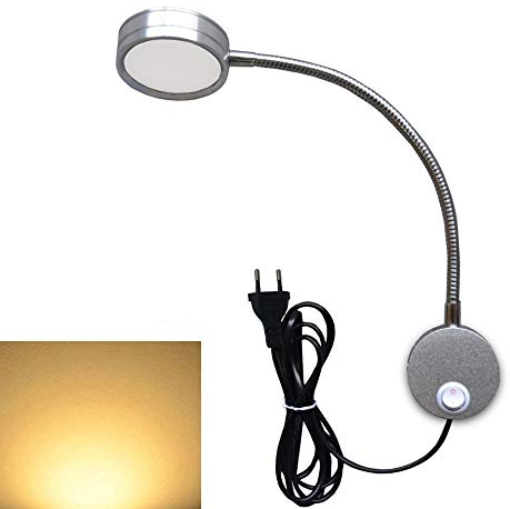 Youngine EU Plug Leselampe, Flexible 5W LED Leselampe mit EIN/AUS-Schalter und Stecker, Schwanenhals Nachttischleuchte für Schlafzimmer Büro Hotel, 3000K (Silber-warmes Weiß)
