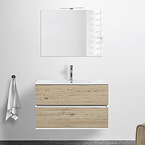 Inbagno Mobile Bagno sospeso con lavabo in Ceramica e Specchio, cassetti e Ante a Chiusura rallentata, 3 colorazioni Disponibili (90 cm 2 cassetti, Rovere Africa)