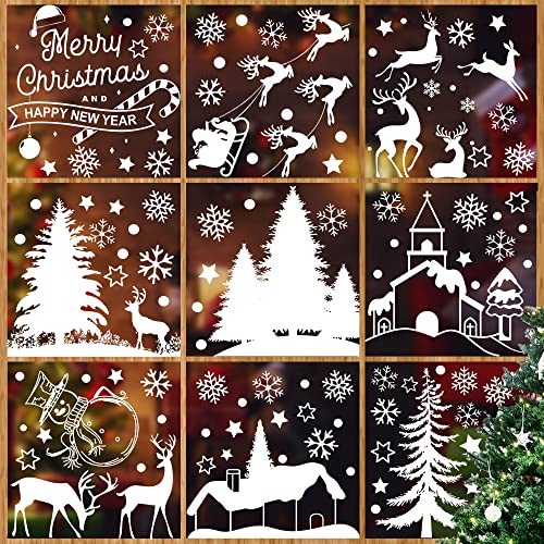Fensterbilder Weihnachten, 9 stück Fensterdeko Weihnachten Statisch Haftende,Schneeflocken Elch und Weihnachtsbaum Fensterbilder,Weihnachtsdeko Aufkleber für Fenster Schaufenster
