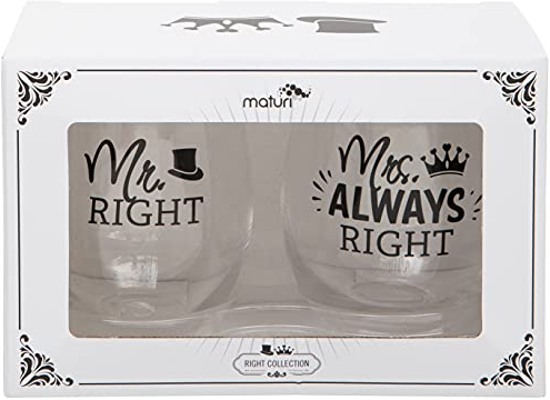 Juego de dos copas de vino sin pie 'Mr Right Mrs Always Right', caja de regalo, 530 ml