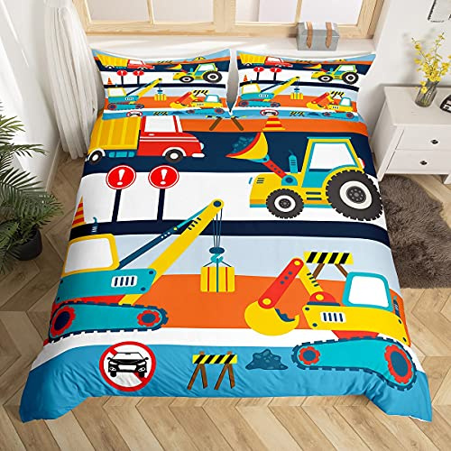 Loussiesd Kinder Cartoon Bagger Bettbezug Set Niedliche Fahrzeuge LKW Auto Druck Bettwäsche Set King Maschinen Bulldozer Kran Betten Set Für Jungen Zimmer Dekoration Baustelle