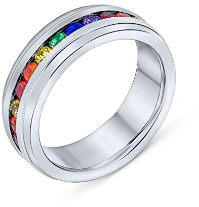 Bling Jewelry Personalisierbarer Unisex Bunter CZ Regenbogen LGBTQ Ewigkeitsring Ehering Für Paare Männer Und Frauen Silberton Edelstahl 8MM