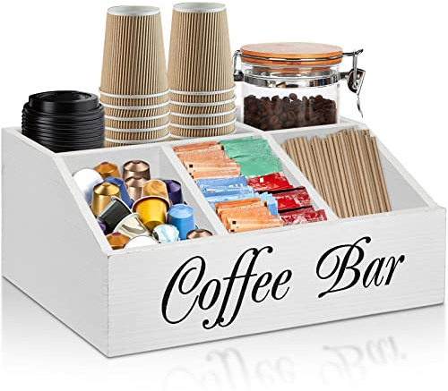 ugiftt Kaffeestation Organizer für Theke, Holz-Kaffeekapsel-Halter, Aufbewahrungskorb, Tee-Gewürz-Aufbewahrungs-Organizer, rustikale Holzbar-Dekoration für Zubehör